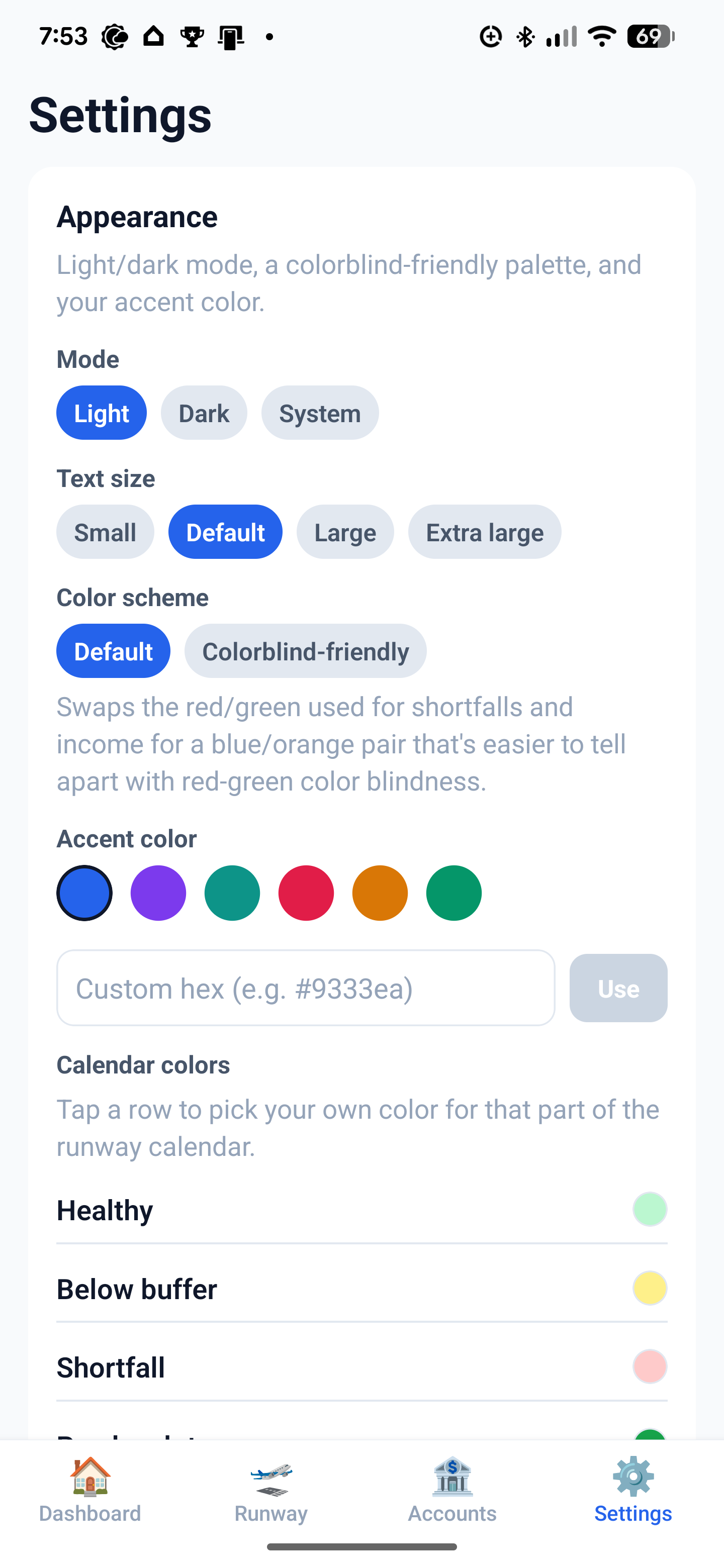 Runway settings screen showing light and dark mode, text size, and colorblind-friendly color options