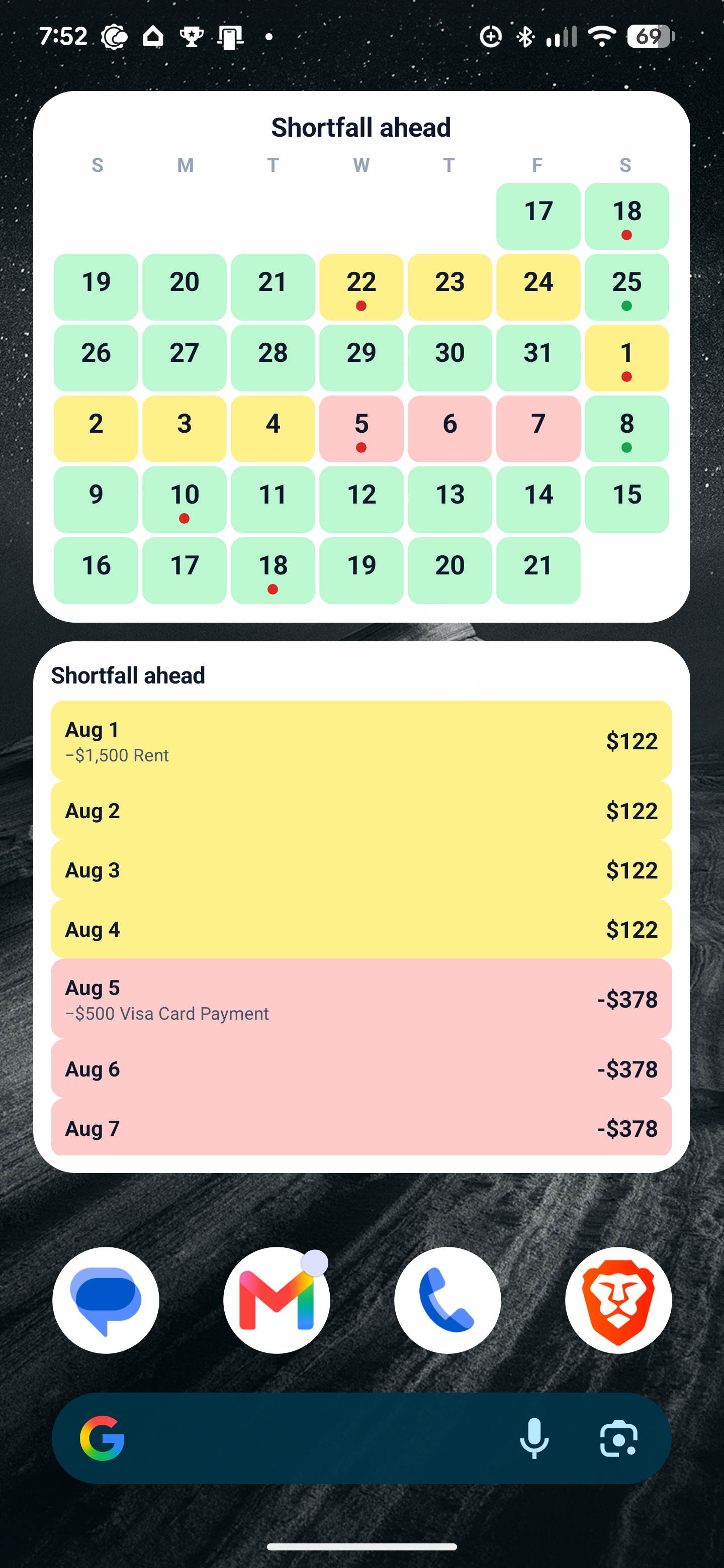 Android home screen with a Runway widget showing today's safe-to-spend amount